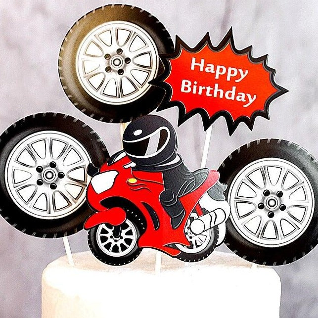 Décorations De Gâteau Motocross - Kit Fête Motard, Anniversaire, Baby Shower, Avec Motos, Drapeaux, Boules